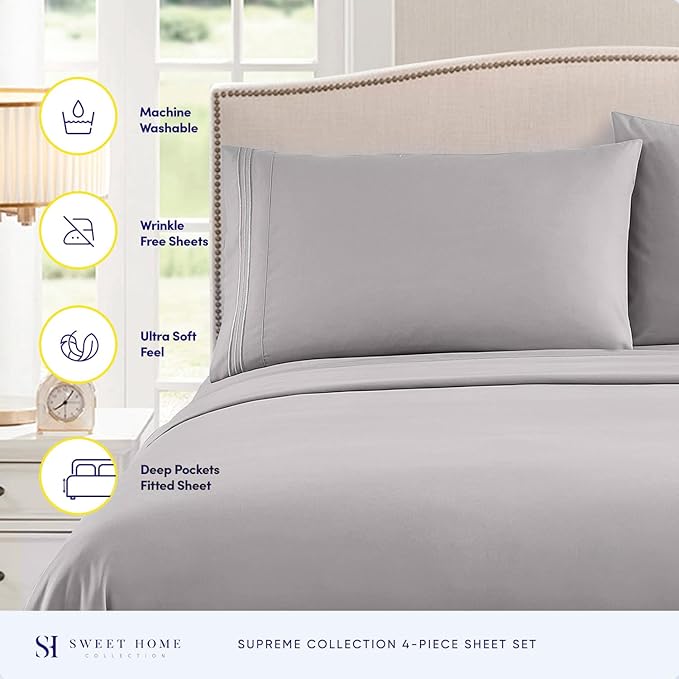 Twin Sheets - Breathable Luxury Sheets with Full Elastic & Secure Corner Straps Built In - 1800 Supreme Collection Extra Soft Deep Pocket Bedding Set, Sheet Set, Twin, Silver