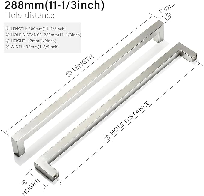 Cabinet Pulls Brushed Nickel Cabinet Handles Square Drawer Pulls, 2 Pack 11-1/3 Inch Stainless Steel Kitchen Door Cupboard Cabinet Handles, Cabinet Hardware Drawer Handles, 288mm Hole Centers