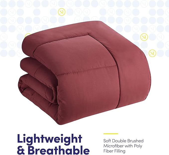 Sweet Home Collection 7 Piece Comforter Set Bag Solid Color All Season Soft Down Alternative Blanket & Luxurious Microfiber Bed Sheets, Burgundy, Twin (Pack of 4)