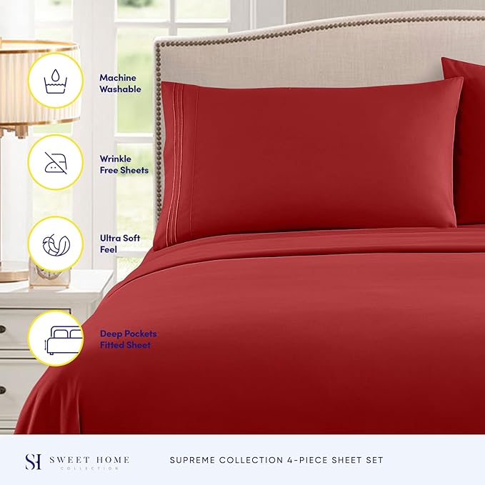 California King Sheet Sets - Breathable Luxury Sheets with Full Elastic & Secure Corner Straps Built In - 1800 Supreme Collection Cal King Deep Pocket Bedding Set, Sheet Set, California King, Red