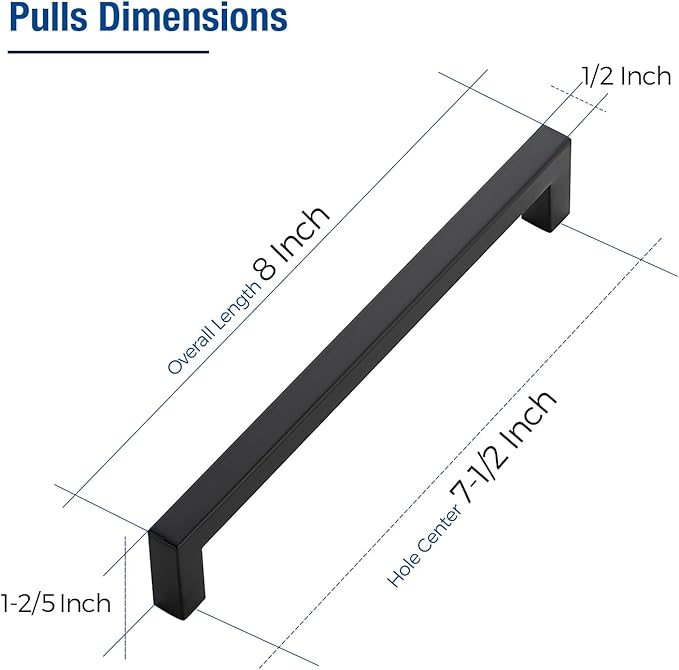 JOY DECOR 6 Pack Cabinet Handles, Black Cabinet Pulls, 7-1/2 Inch Kitchen Closet Handles Square Drawer Pulls Stainless Steel Drawer Hardware, 192mm Hole Centers