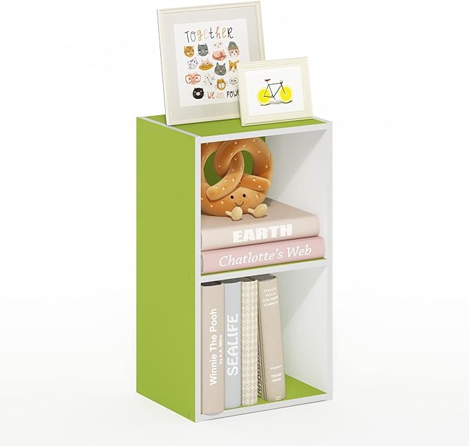 Furinno PASIR Book Shelf, 2-Tier Modern Bookshelf, Open Shelves Bookcase 9" x 12" x 21", for Living Room, Bedroom, Home Office, Green/White