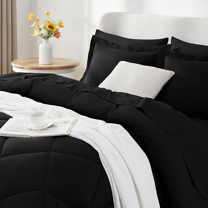 CozyLux Oversized Queen Comforter Set Black - 7 Pieces Bed in a Bag Comforter Set with Sheets, Luxury Soft Bed Set All Seasons, Bedding Set with Down Alternative Comforter, Sheets, Pillowcases & Shams