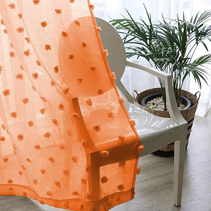 MYSKY HOME Pom Pom Orange Sheer Curtains for Bedroom Girls Room 120 Inch Curtains for Nursery Kids Light Filtering Boho Window Drapes, Rod Pocket, 52" Wide, 2 Panels
