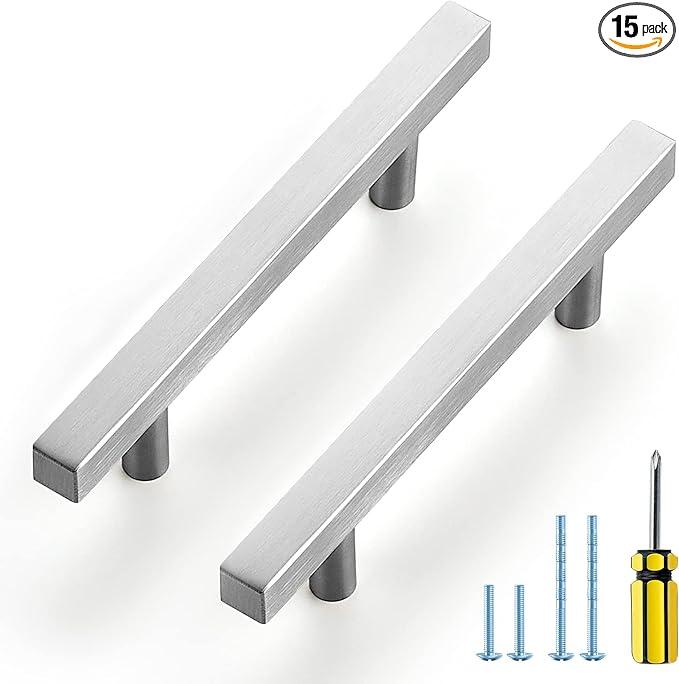 Ravinte Brushed Nickel Cabinet Handles 15 Pack 3-1/2 inchSatin Nickel Square Cabinet Pulls Silver Hardware for Kitchen Cabinets 6 inch Overall Length Stainless Steel Drawer Pulls