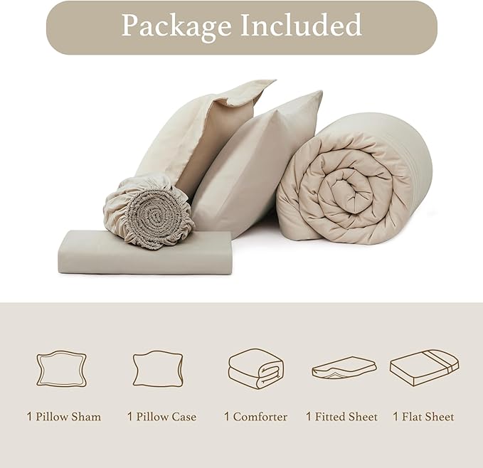 Monbix Twin XL Size Comforter Set - Extra Long 5 Pieces Dorm Bedding Sets, Quilting Design Fluffy Bed in a Bag Twin XL with Sheets, Pillowcase & Sham(Apricot Beige)