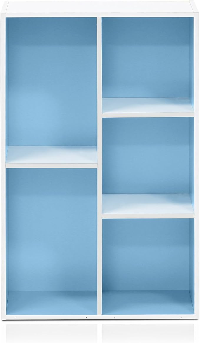 Furinno LUDER Book Shelf, 5-Cube Bookshelf, Reversible Bookcase, 9.4" x 19.5" x 31.5", for Living Room, Bedroom, Home Office, White/Light Blue