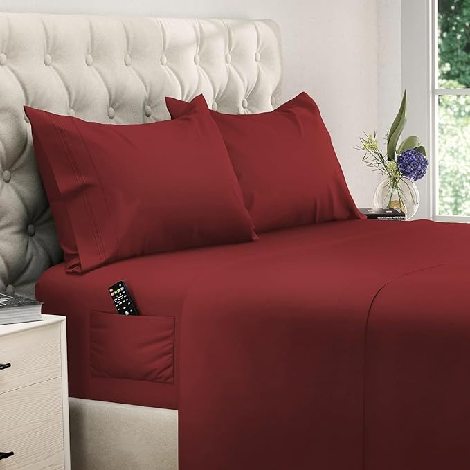 DREAMCARE California King Sheet Sets – 4 pcs Cooling Sheets – up to 21” Deep Cal King Sheets – Hotel Luxury Pillowcases – Superior Softness 100% Fine Microfiber with Side Pocket –Burgundy
