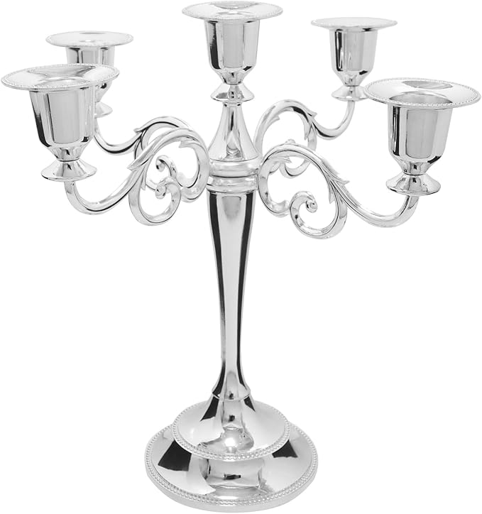 Silver Candle Holder，5 Arms Metal Candle Holders for Taper Candles（10.6 inch Tall Candelabra, for 1/2-1 inch Pillar Candles Diameter Each）,Candlestick Holders Centerpiece Decoration