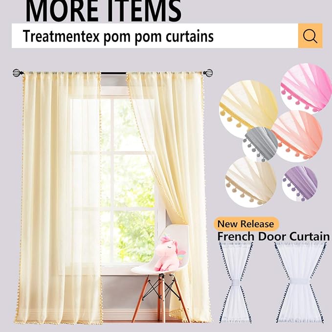 Treatmentex Sage Green Sheer Curtains for Kids-Room 63 inches Slub Textured Pom Pom Window Drapes for Bedroom Sage 52" W x 2 Panels Rod Pocket