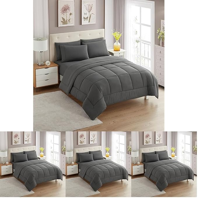 Sweet Home Collection 5 Piece Comforter Set Bag Solid Color All Season Soft Down Alternative Blanket & Luxurious Microfiber Bed Sheets, Gray, Twin (Pack of 4)