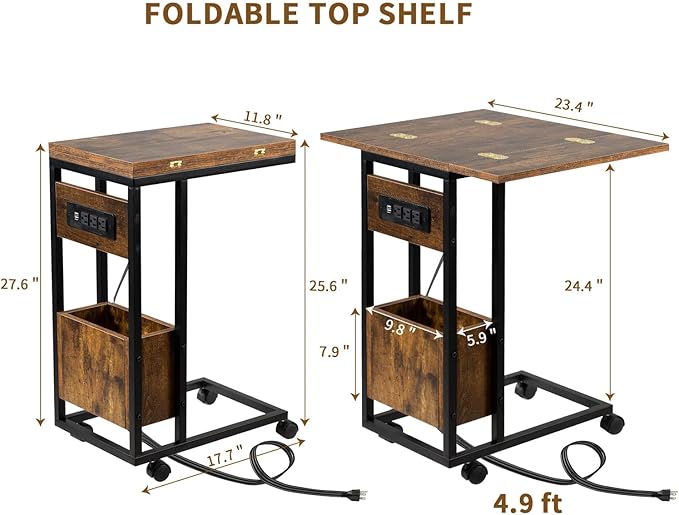 Hadulcet C Tables End Table Set of 2, C Shaped Side Table with Charging Station, Folding Table TV Trays for Eating, Couch Tables That Slide Under, Small End Table Snack Tables, Rustic Brown