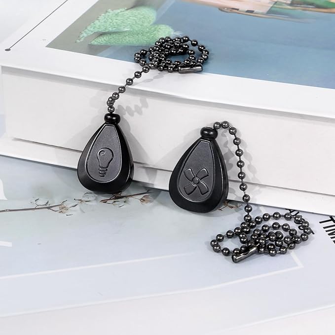 Black Ceiling Fan Pull Chain, 2Pcs 12 Inches Decorative Fan Pull Chain Ornaments Extension, 3mm Diameter Beaded Ball Fan Pull Chain Extender with Connector(2 Pack)