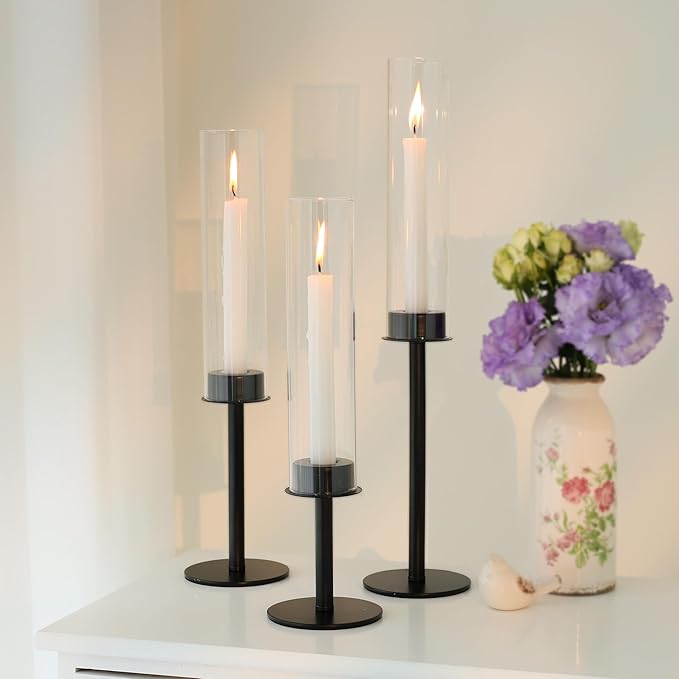 Hurricane Candle Holders Set of 6 Metal Candlestick Holder for Glass Taper Tall Candle Holders with Crystal Chimney Tube Candles Stands for Home Decor, Christmas, Dinning (6, Black)