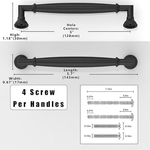 10 Pack Matte Black Cabinet Pulls 5 Inch(128mm) Kitchen Cabinet Handles Solid Zinc Alloy Cabinet Hardware Drawer Pulls