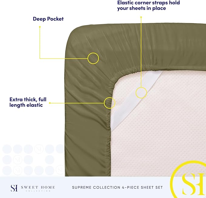 King Size Sheets - Breathable Luxury Bed Sheets with Full Elastic & Secure Corner Straps Built In - 1800 Supreme Collection Extra Soft Deep Pocket Bedding Set, Sheet Set, King, Olive