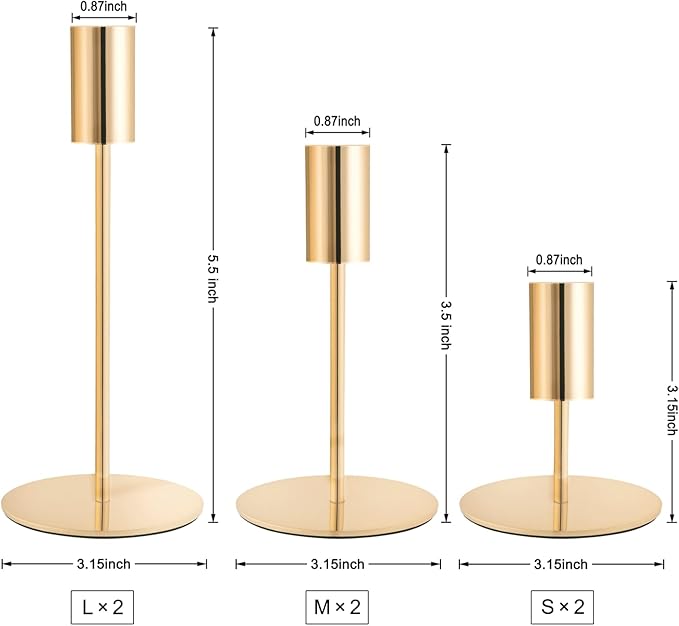 Gold Taper Candlestick Holders,Taper Candle Holders Set of 6,Metal Taper Candle Sticks Stand Holders,Modern Decorative Candle Holders for Wedding Certerpieces,Festive, Mantel,Home,Party