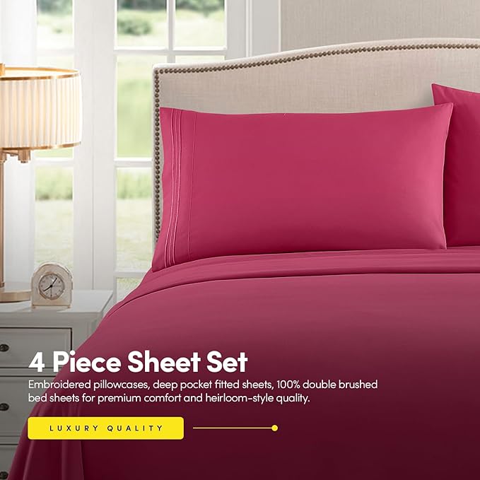 Sweet Home Collection Full Size Sheet Set with Built-in Sheet Straps - Deep Pocket Fitted Sheet, Flat Sheet & Pillowcases - Soft, Wrinkle-Free, Secure Fit - Fuschia