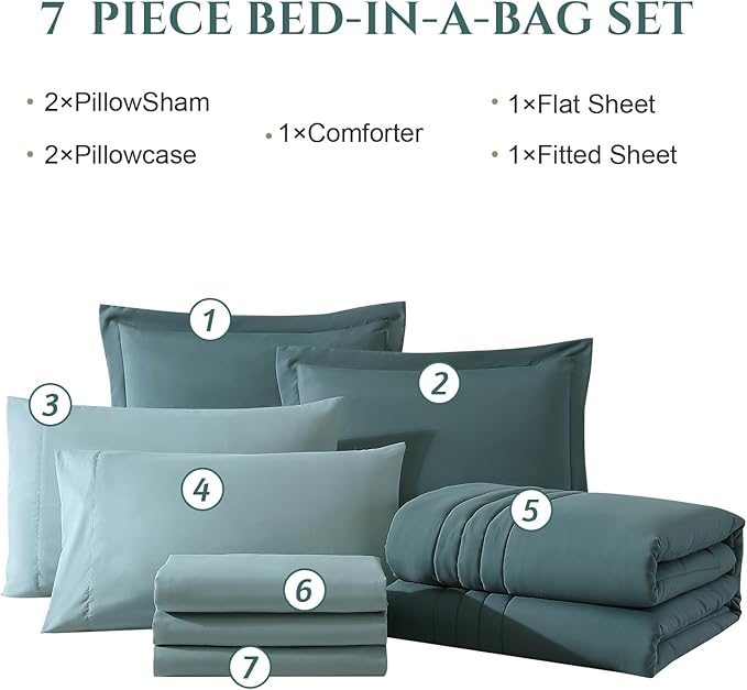 Monbix King Size Comforter Set - 7 Pieces Bed in a Bag King, Dark Green Bedding Sets with Comforter, All Seasons Comforter Bed Set with Sheets, Pillowcases & Shams