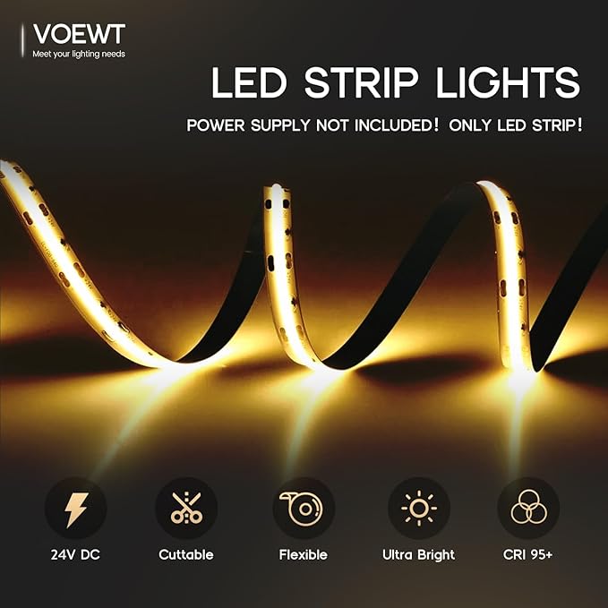 COB LED Strip Lights Warm White 3000K,16.4ft 24V High CRI 95Ra+ Super Bright,Flexible Tape Lights for Bedroom,Mirror,Kitchen Cabinet, Living Room(Power Supply Not Included)