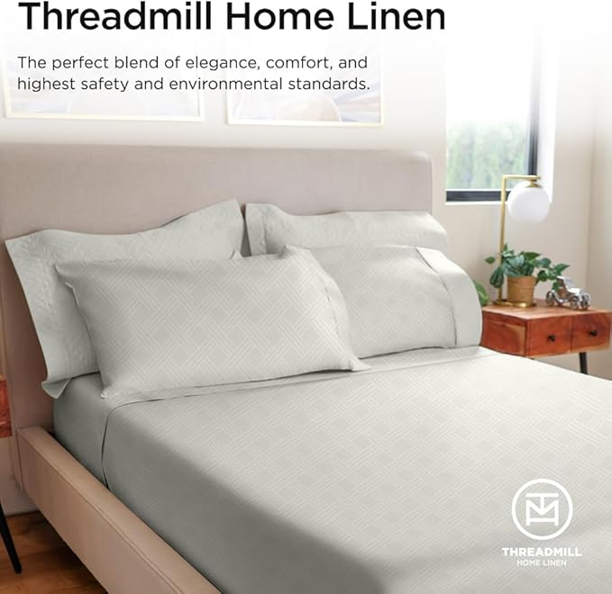 Celine 800 Thread Count Luxury Damask Sheets | California King Size | Light Grey | 4 Piece Striped Bed Sheets | Elasticized Deep Pocket