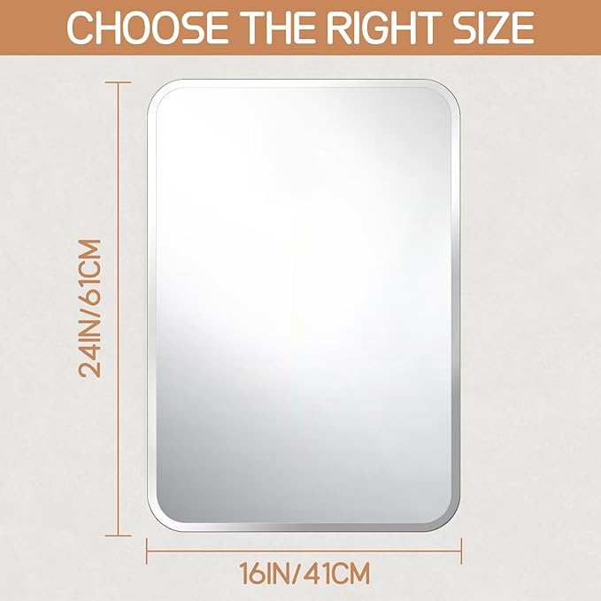 Frameless Bathroom Mirror for Over Sink,Wall Mounted Vanity Mirrors 16x24in,Rounded Rectangle Mirror Frameless with Polished Edge for Bedroom,Living Room,Entryway,Shatterproof (Horizontal/Vertical)