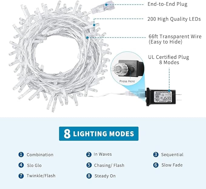 170Ft 500LED Blue Christmas Lights Plug in,Waterproof Christmas Tree Lights,8 Modes String Lights Indoor Outdoor for Halloween Tree Party Bedroom Garden Decor