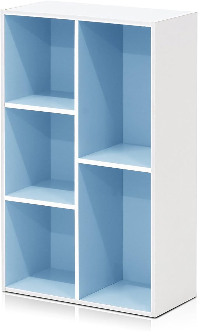 Furinno LUDER Book Shelf, 5-Cube Bookshelf, Reversible Bookcase, 9.4" x 19.5" x 31.5", for Living Room, Bedroom, Home Office, White/Light Blue
