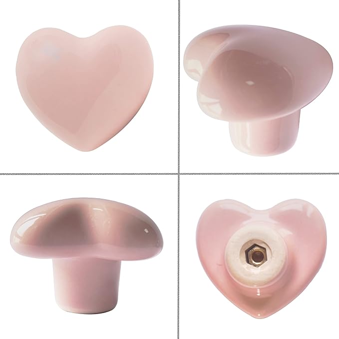 Ceramic Drawer Knobs Heart Shape Cabinet Dresser Pulls Handles with 3 Sized Screws, Kitchen Furniture Knobs for Closet Cupboard Wardrobe (20 Pack, Pink)