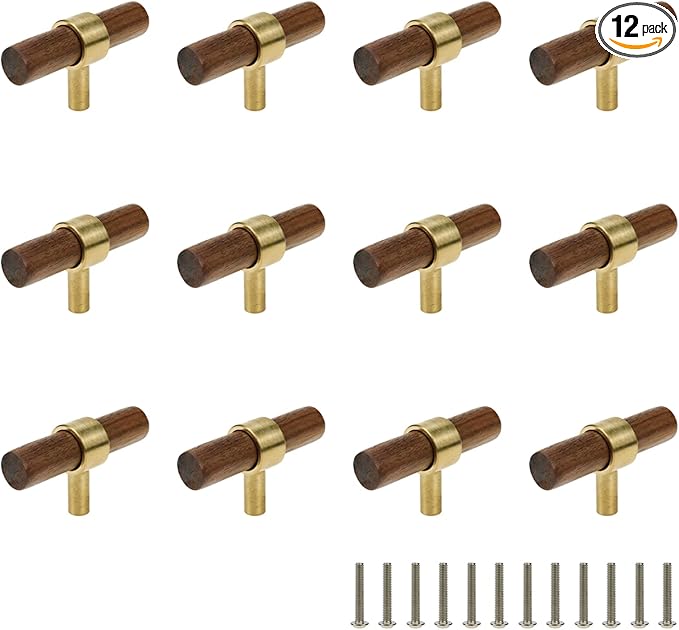 Drawer 2.36"/60mm Pulls Brass Walnut Kitchen Wardrobe Cabinet Hardware Pull Handle Single Hole with Screw, 12Pcs