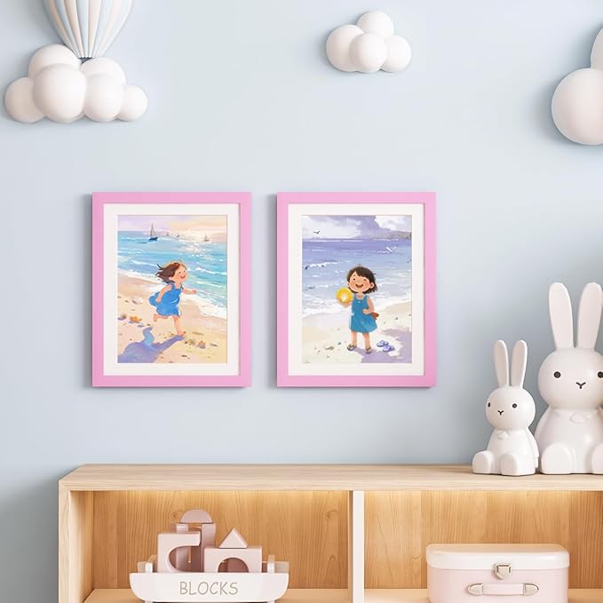 KINLINK 10x12.5 Kids Art Frames Set of 2, Solid Wood Kids Artwork Frames Changeable with Acrylic Front Opening Holds 150 Pictures, Art Frame for Kids Artwork with Mat or without Mat, Pink