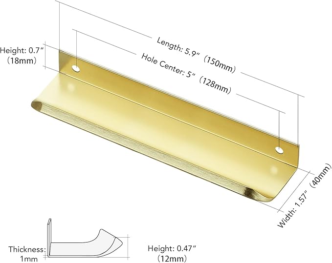 Ravinte Hardware 12 Pack Gold Cabinet Handles, 5.9 Inch (150mm) Finger Edge Pulls, 5 Inch Hole Center, Finger Pulls for Cabinets
