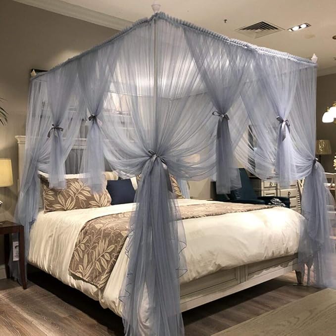 Joyreap 4 Corners Post Canopy Bed Curtain for Girls & Adults - Royal Luxurious Cozy Drape Netting - Cute Princess Bedroom Decoration Accessories(Gray-Blue, Twin)