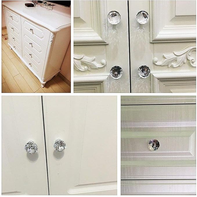 10 Pcs White Clear Crystal Glass Cabinet Knobs 30mm Diamond Shape Drawer Kitchen Cabinets Dresser Cupboard Wardrobe Pulls Handles