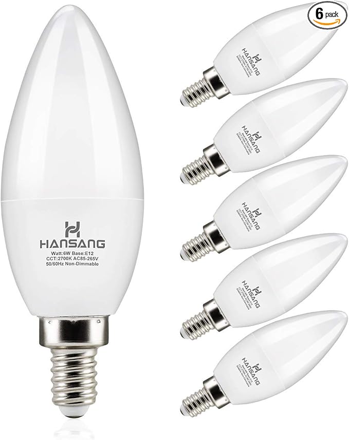 hansang Candelabra LED Bulbs,60 Watt Equivalent,600LM Warm White 2700K,Type B Light Bulb,E12 Small Base,Decorative Chandelier Bulb,Ceiling Fan Bulbs,Non-Dimmable,Pack of 6