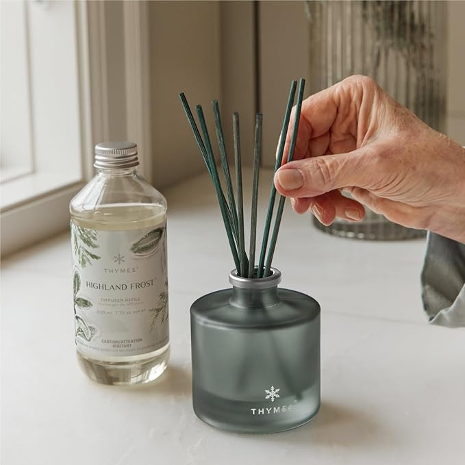Thymes Petite Oil Reed Diffuser Set – Includes Reed Diffuser Sticks, Fragrance Oil, & Glass Bottle – Luxury Home Decor – Holiday Decor – Winter Scents – Sage-Green (Highland Frost, 4 fl oz)