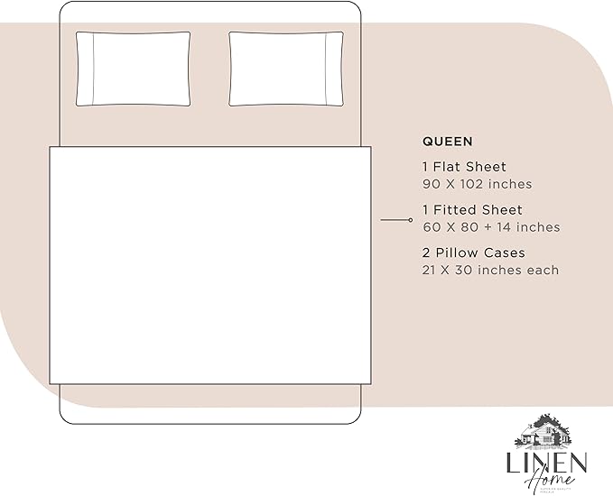 Linen Home 100% Cotton Percale Sheets Queen Size, Sand Shell, Deep Pocket, 4 Pieces Set - 1 Flat, 1 Deep Pocket Fitted Sheet and 2 Pillowcases, Crisp Cool and Strong Bed Linen