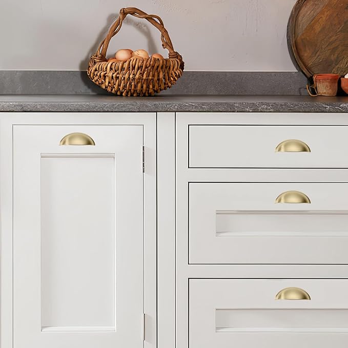 khtumeware 2 Pack 2-1/2" Gold Drawer Pulls Brushed Brass Cabinet Cup Pulls Kitchen Hardware Cabinet Handles Drawer Handles Knobs 2.5 inch Hole Center