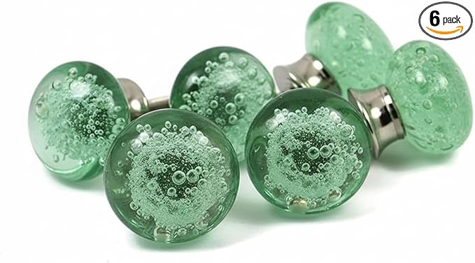 Handmade Bubble Glass Cabinet Knobs - Vintage Decorative, Trendy, Modern Design for Cabinets, Dressers & Furniture - Set of 6 (Green)