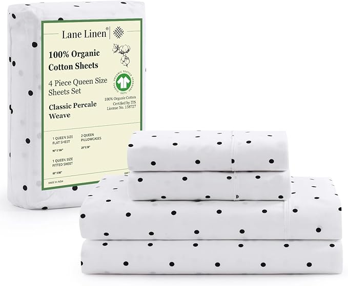 LANE LINEN 100% Organic Cotton Twin Sheets Set - 3 PC Bedding Sheets & Pillowcases - Breathable & Cooling Bed Sheets - Deep Pocket up to 15", Sheets for Twin Size Bed: Polka Dot (Black)