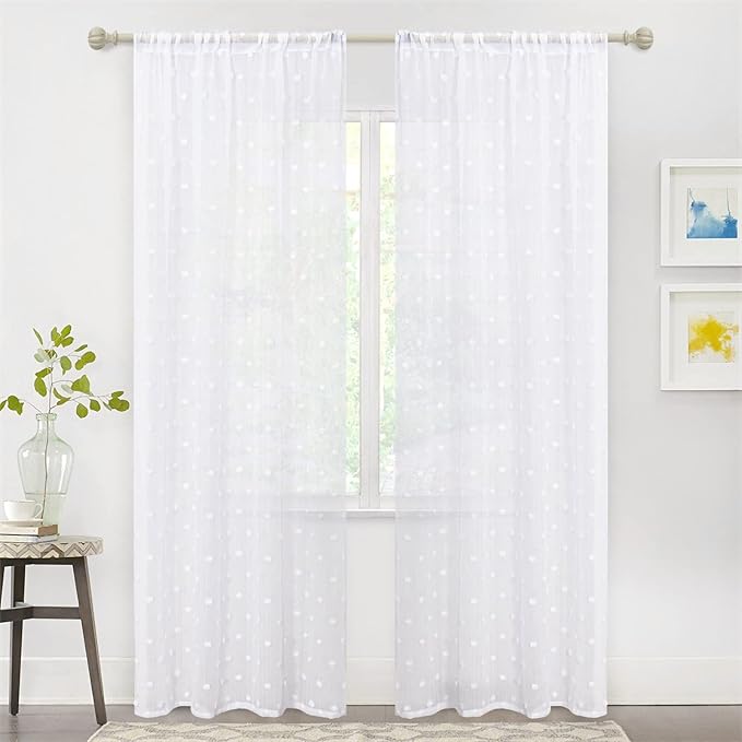 MYSKY HOME White Curtains for Living Room 84 Inch Length Long Pom Pom Curtains for Bedroom Sheer Curtains for Nursery Windows Rod Pocket Privacy Drapes Dining Room 52" x 84" 2 Panels