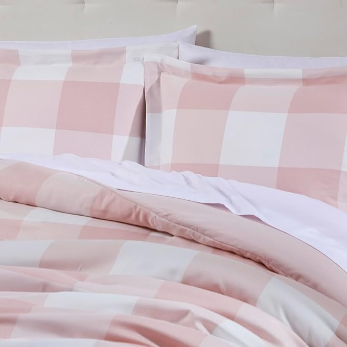 King Size Comforter Set with Sheets - 7-Piece Bedding Collection - 1 Comforter, 1 Fitted Sheet, 1 Flat, 4 Pillowcases - Deep Pocket - Soft & Premium Quality - Ideal for All Seasons Checkered Box Blush