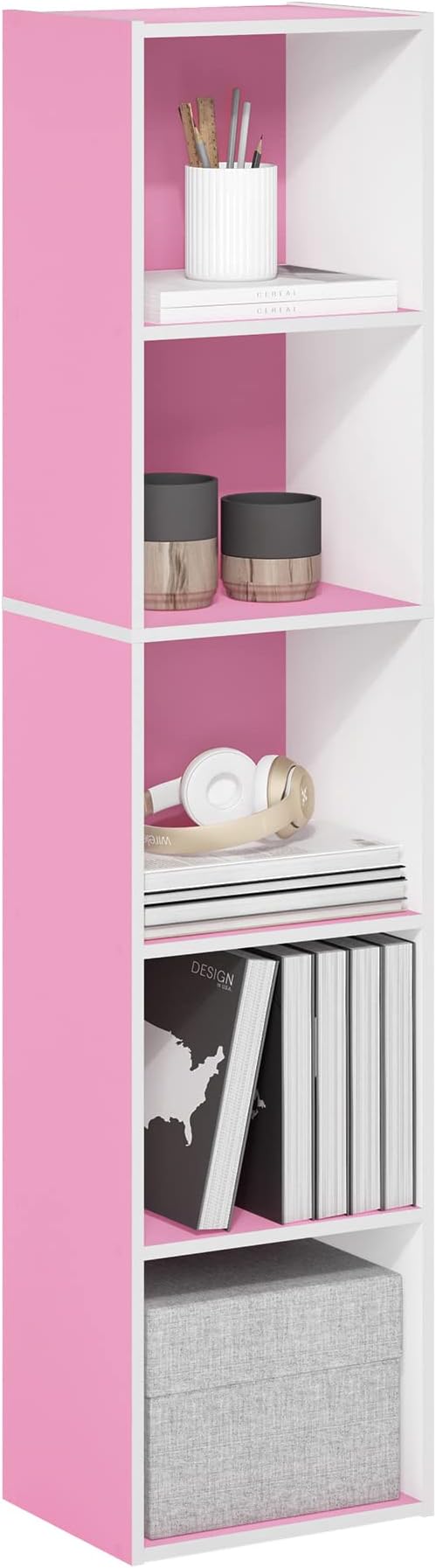 Furinno PASIR Book Shelf, 5-Tier Modern Bookshelf, Open Shelves Bookcase 9" x 12" x 52", for Living Room, Bedroom, Home Office, Pink/White
