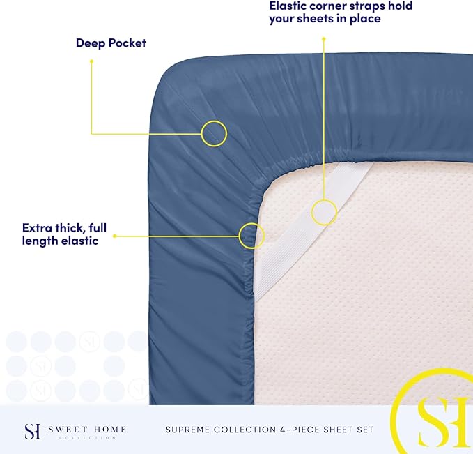 RV Queen Bed Sheets - Breathable Luxury Sheets with Full Elastic & Secure Corner Straps Built In - 1800 Supreme Collection Extra Soft Deep Pocket Bedding Set, Sheet Set, RV Short Queen, Denim