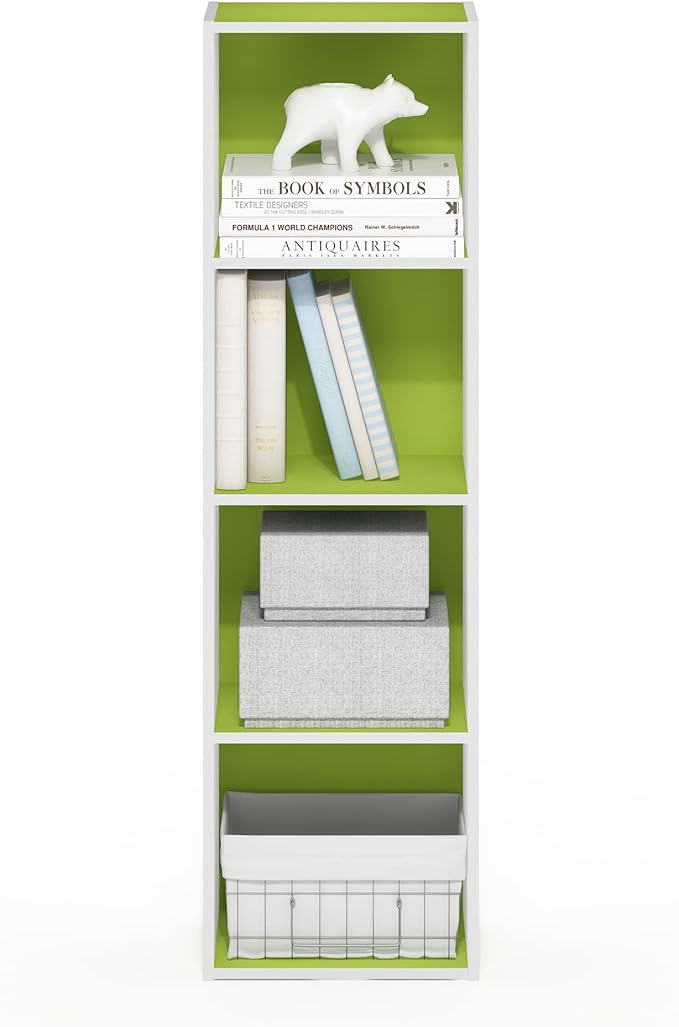 Furinno PASIR Book Shelf, 4-Tier Modern Bookshelf, Open Shelves Bookcase 9" x 12" x 42", for Living Room, Bedroom, Home Office, Green/White