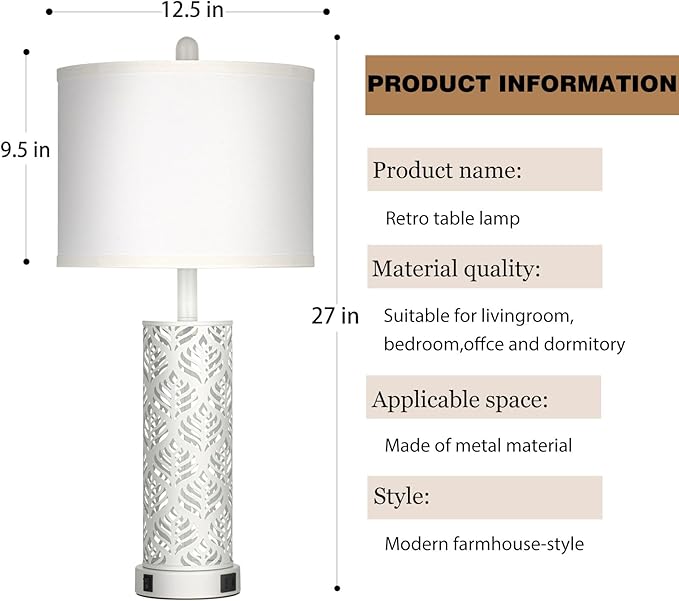 Set of 2 Rustic Table Lamps for Living Room Bedroom, Vintage Farmhouse Nightstand Lamp with 2 USB Ports, Hollow Out Metel Lamp for End Table with Nightlight (White)