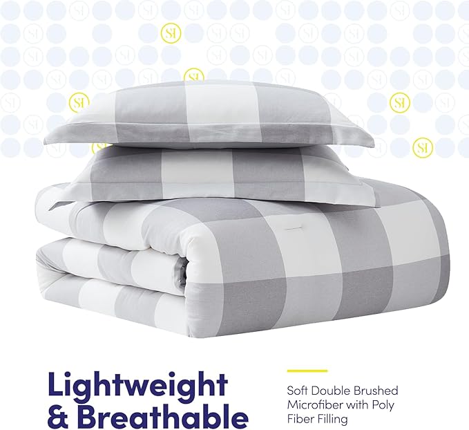 7 Piece Comforter Set Bag Solid Color All Season Soft Down Alternative Blanket & Luxurious Microfiber Bed Sheets, King, Checkered Box