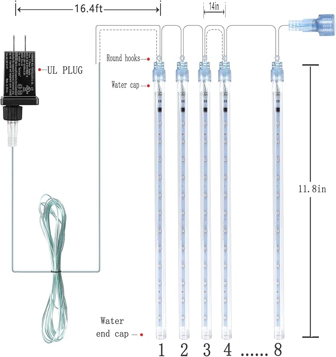 Kwaiffeo Blue Icicle Lights Outdoor, Waterproof Meteor Shower Lights for Christmas Halloween Yard Decorations Outside, UL Plug, 8-Tube