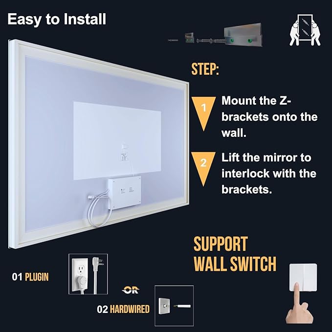28" x 36" LED Mirror, Front & Backlit, Stepless Dimmable, Anti-Fog, Shatter-Proof, Memory, 3 Color Smart Mirror (Horizontal/Vertical)