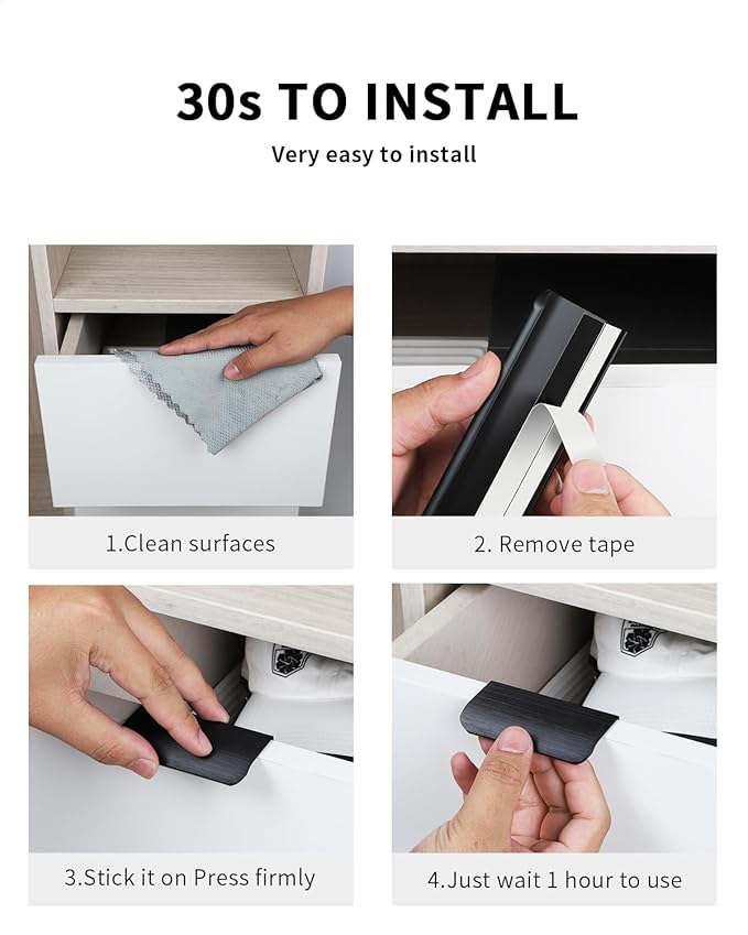 5 Pack 3 inch self Adhesive Cabinet pulls Adhesive Cabinet Handles Drawer pulls Black Finger pulls Stick on Handles Concealed Finger pulls for cabinets Edge Pull Seam Flat Pull